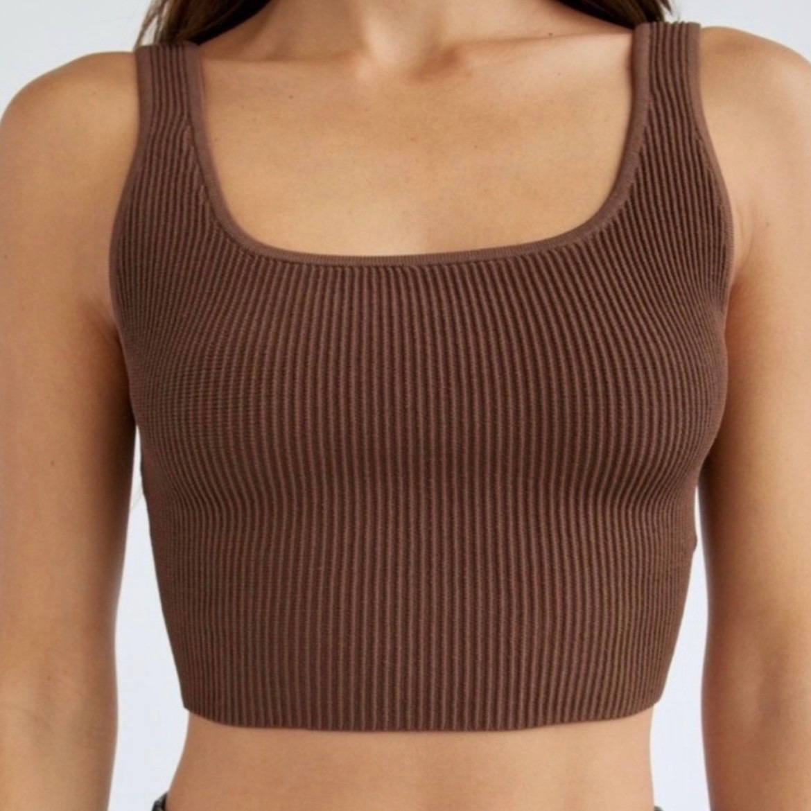 Aritzia Babaton Sculpt Knit Square Neck Crop Tank Top S Brown Neutral Clean Girl